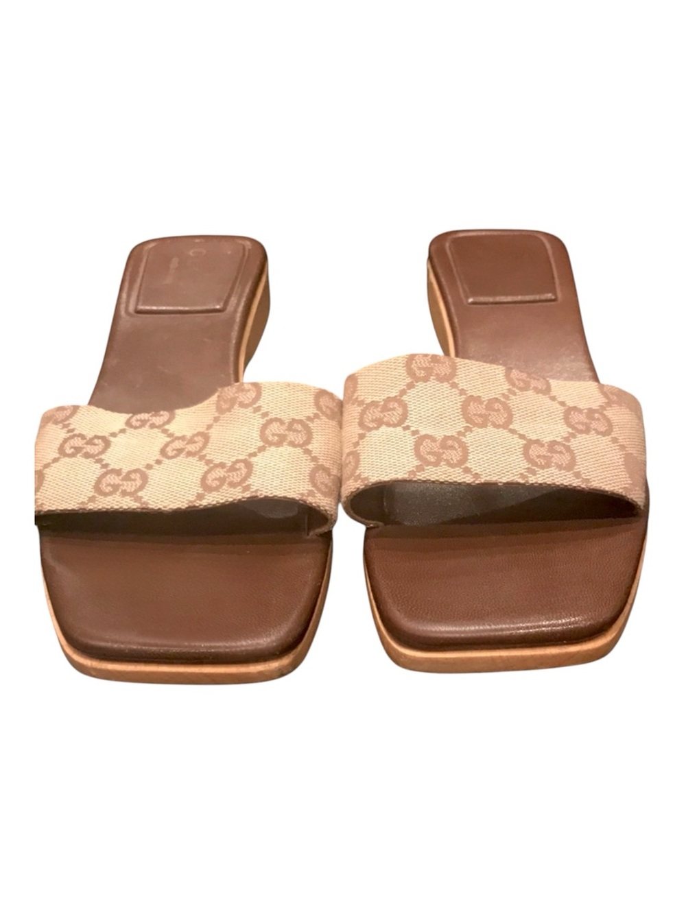Auth GUCCI Brown Leather & wood Slide Sandal  canvas GG EUC RARE 8